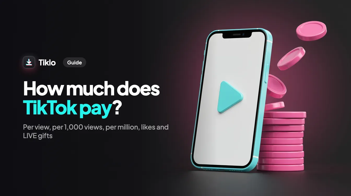 A phone showing a TikTok video surrounded by coins, a view counter and a payout chart