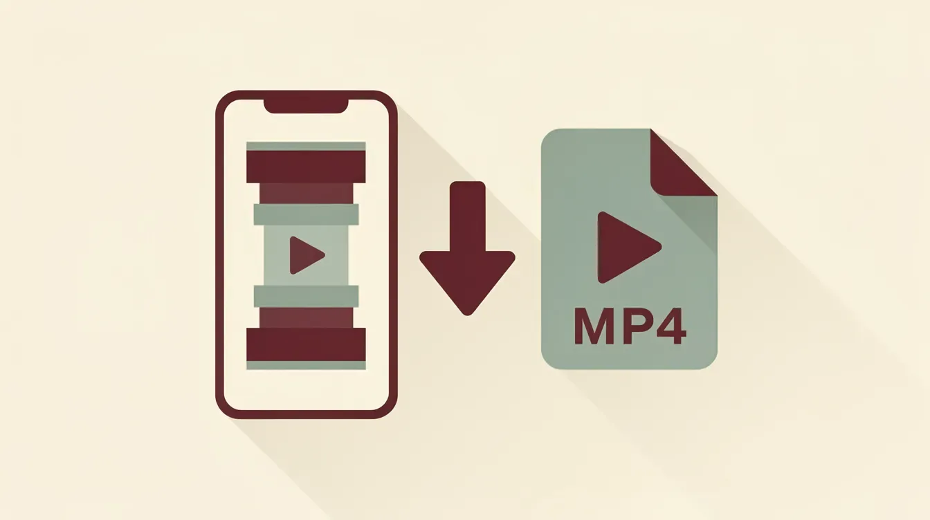 Okostelefon, amelyen függőleges TikTok videó fut, mellette MP4 videófájl ikon letöltési nyíllal